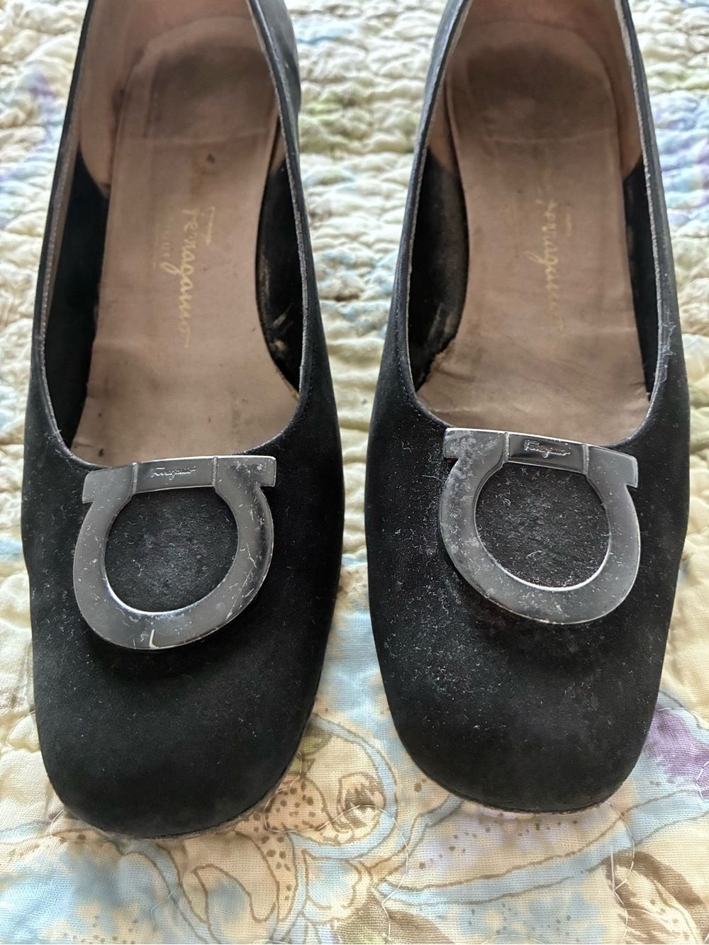 Salvatore Ferragamo Gancini Black Suede Silver Tone Metal